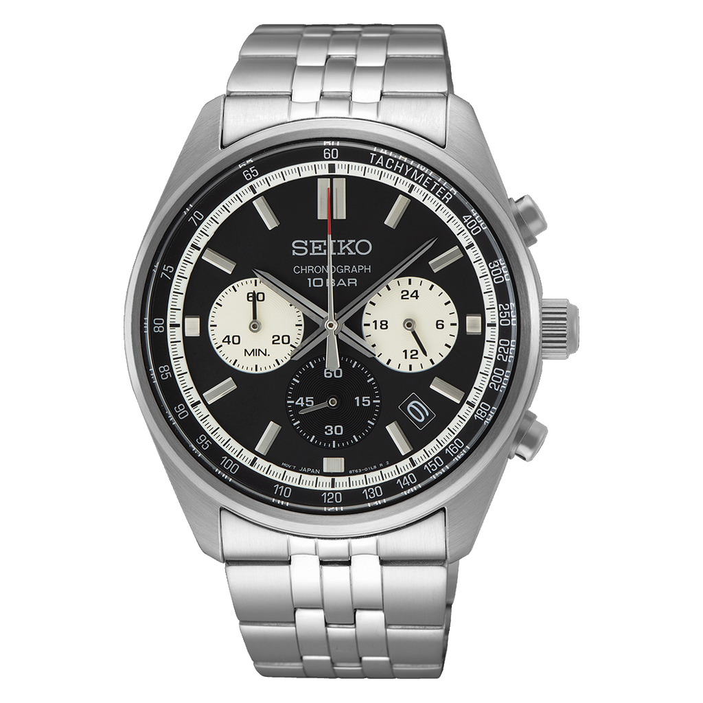 SEIKO クロノグラフ ブラックダイヤル Discover More Black Dial Stainless Steel Bracelet Chronograph 41.5
