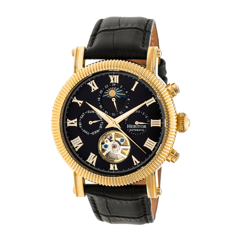 Winston Semi-Skeleton Leather-Band Watch Gold/Black | Black Dial