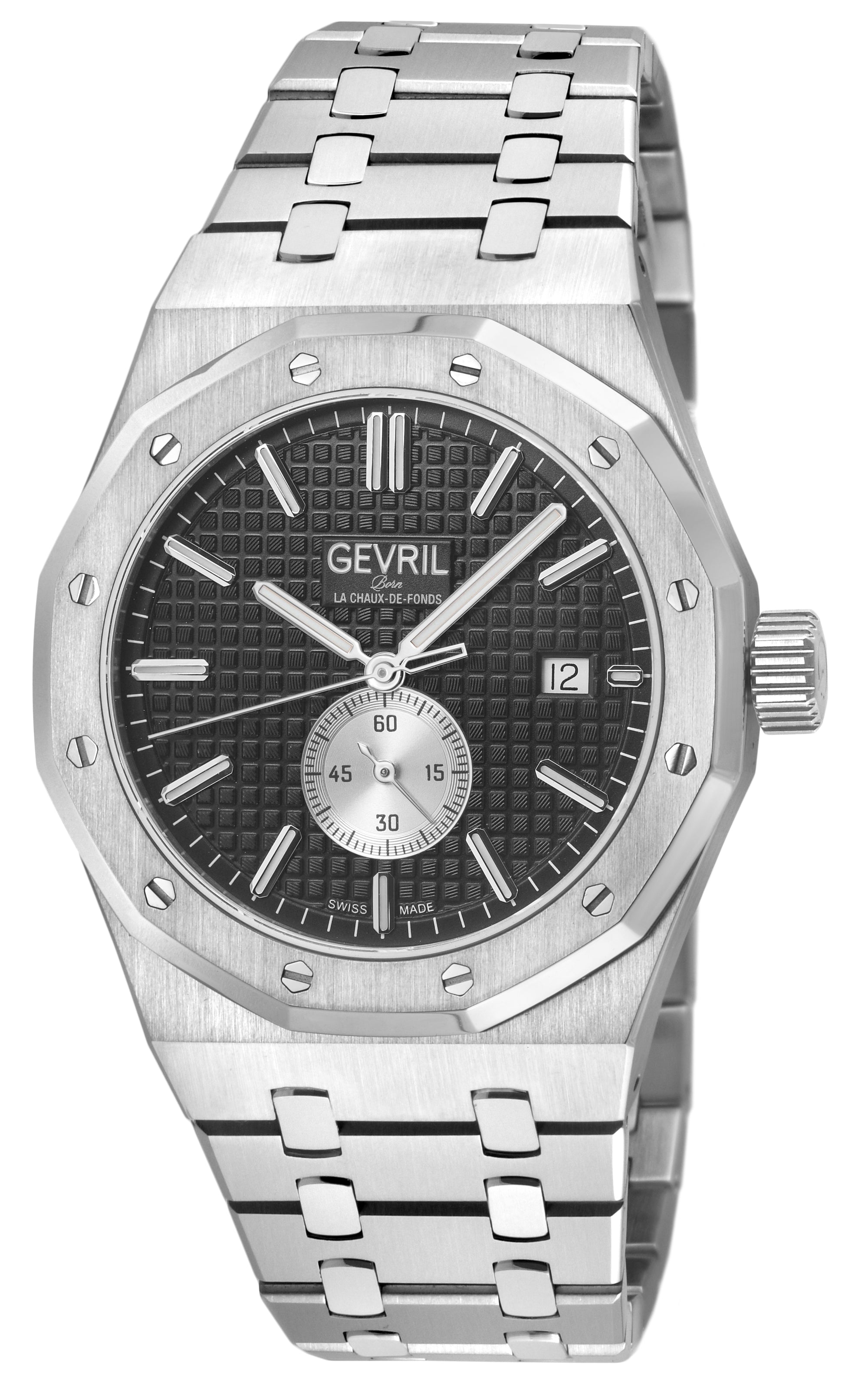 Gotham Swiss Automatic Movement, Black Embossed Dial, Silver Counter  316L SS Bracelet | Black Dial