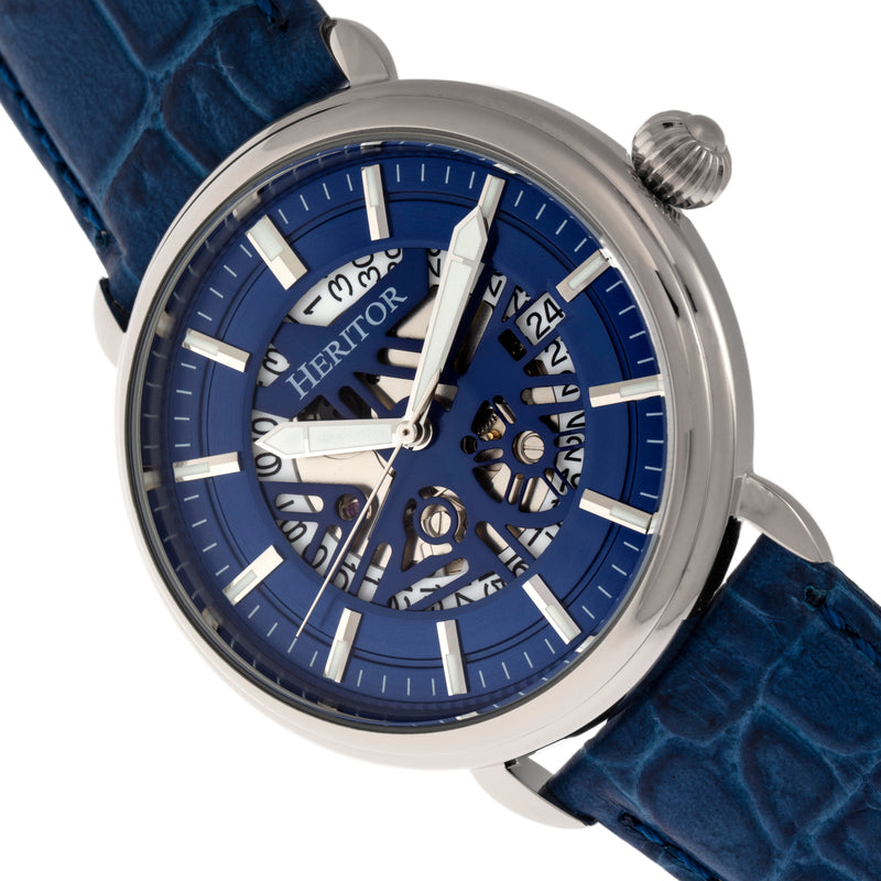 Automatic Mattias Leather Band Watch w/ Date Silver / Blue - Japan Auto Blue Dial