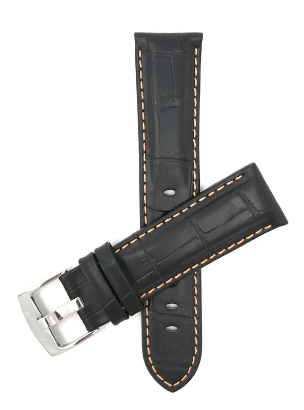Bandini 24mm Black / Orange Leather Watch Band - Alligator Pattern - White Stitch - Semi-Padded 24mm / Black / Orange / Silver Buckle |  Dial