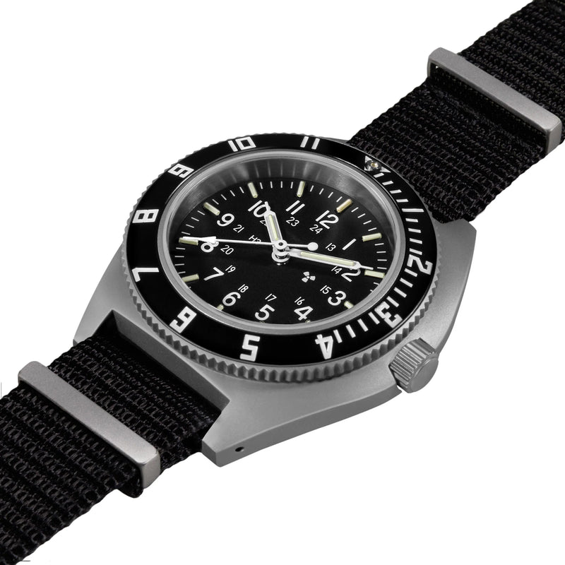 NAV, QUARTZ, SAPH, STE, COL: SS/BKPS DS NYLON 11" Black Sterile/Def Std | Black Dial