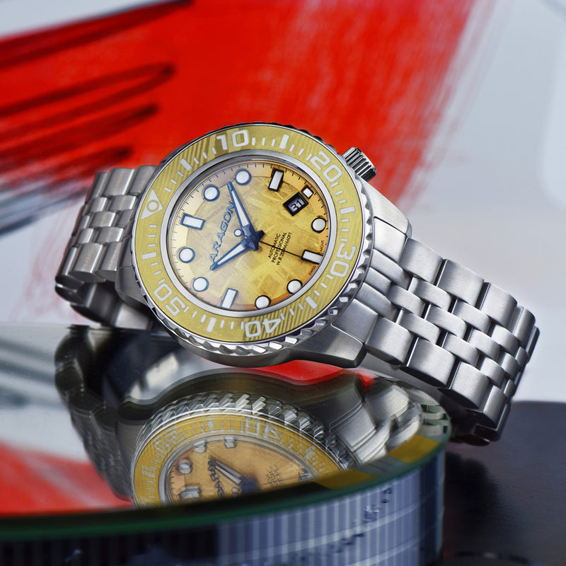 EVO Meteorite Swiss Automatic Limited Edition Titanium Damascus Bezel - Gold | Gold Dial