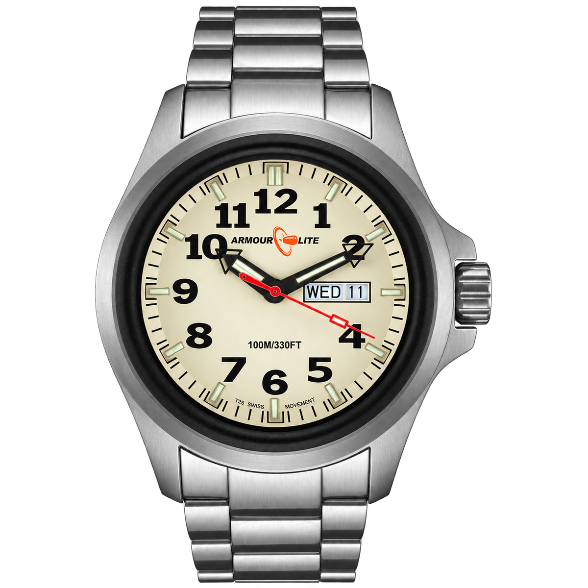 Officer AL815 Tritium Illuminated w/ Shatterproof Armourglass Crystal Stainless Steel Band | Cream Dial