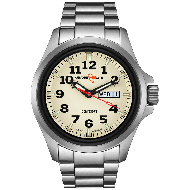 Officer AL815 Tritium Illuminated w/ Shatterproof Armourglass Crystal Stainless Steel Band | Cream Dial