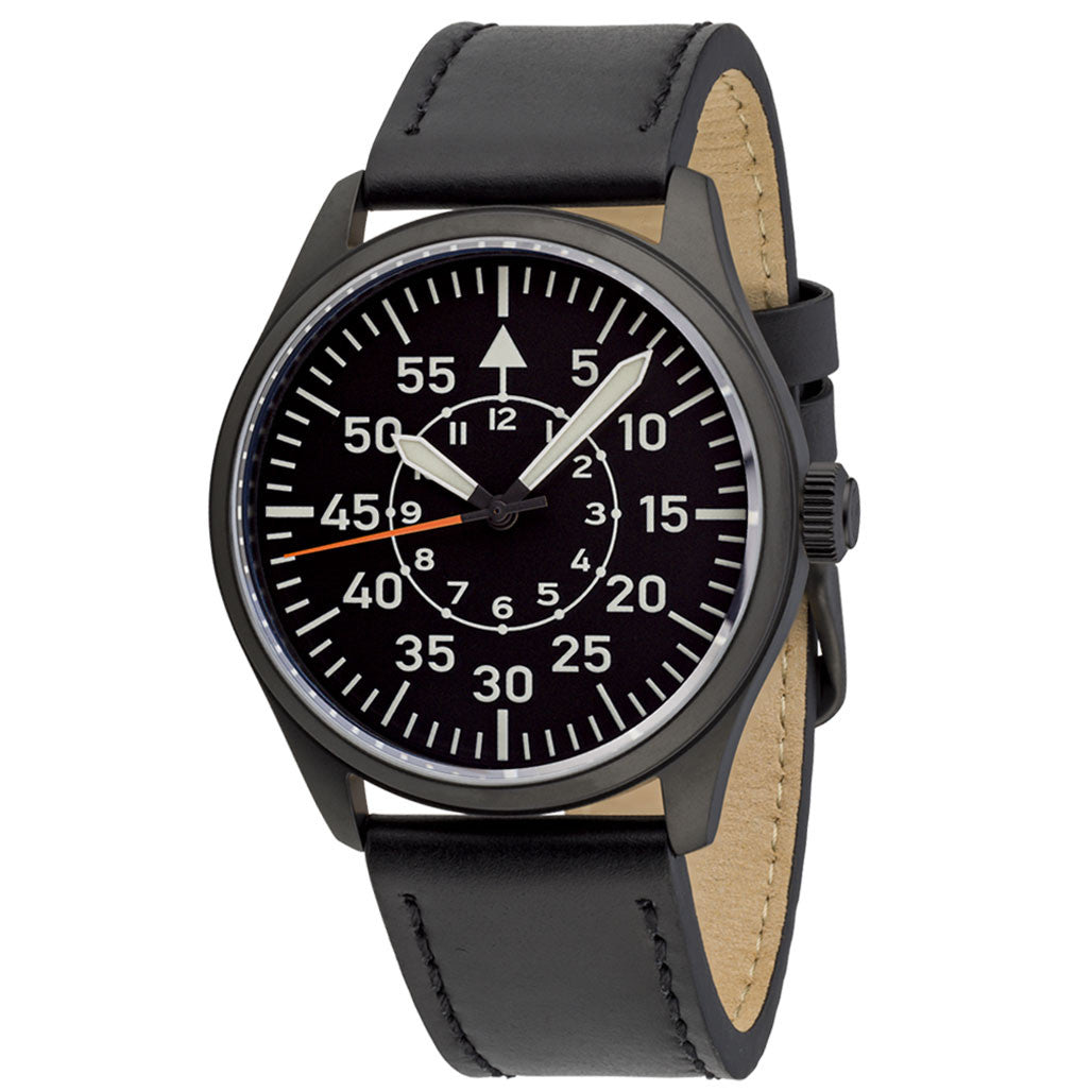 Islander Black DLC Aviator Automatic Watch with Leather Strap and an Anti-Reflective Sapphire Crystal