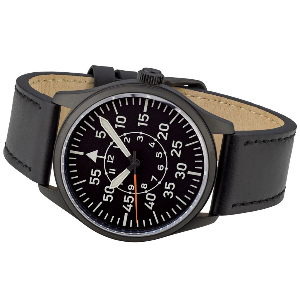 Islander Black DLC Aviator Automatic Watch with Leather Strap and an Anti-Reflective Sapphire Crystal