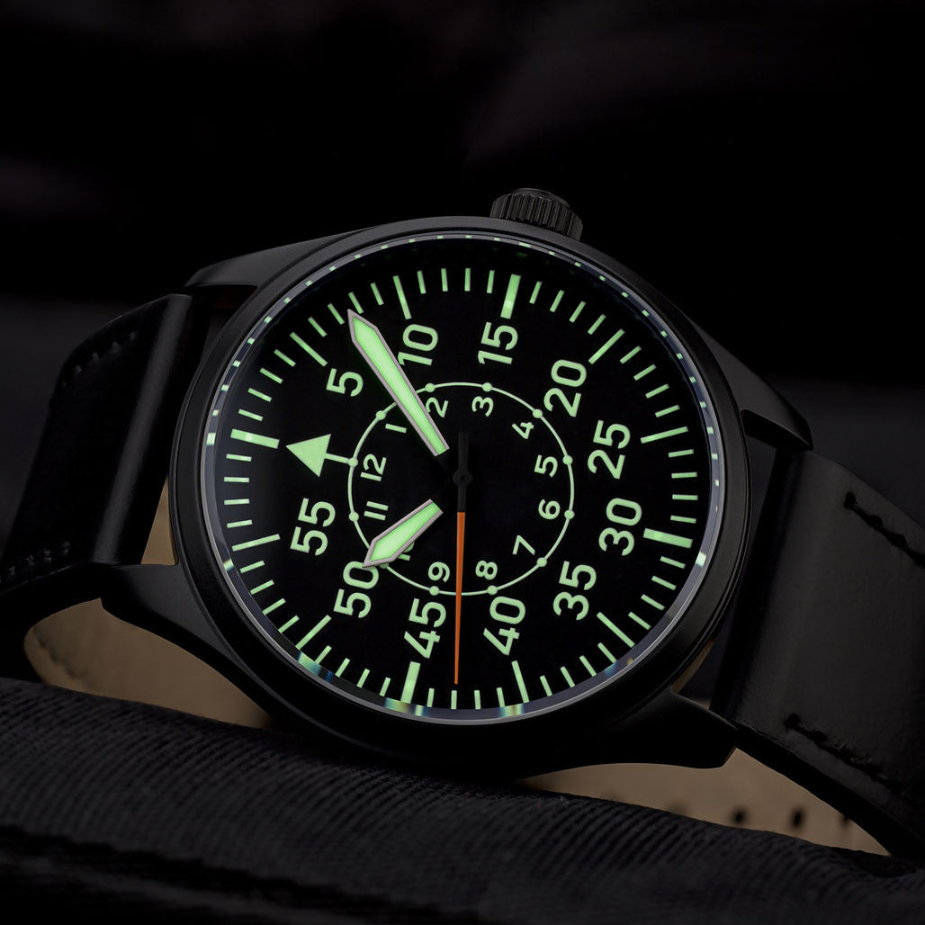 Islander Black DLC Aviator Automatic Watch with Leather Strap and an Anti-Reflective Sapphire Crystal