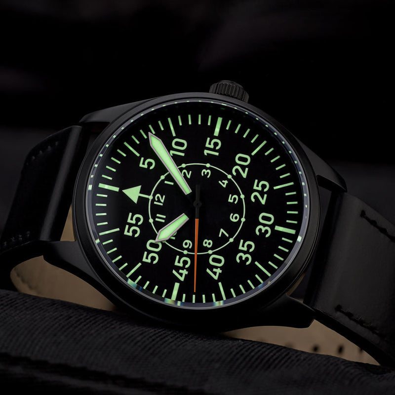 Islander Black DLC Aviator Automatic Watch with Leather Strap and an Anti-Reflective Sapphire Crystal