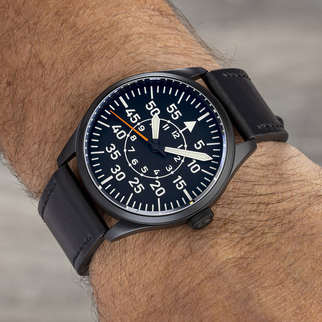 Islander Black DLC Aviator Automatic Watch with Leather Strap and an Anti-Reflective Sapphire Crystal
