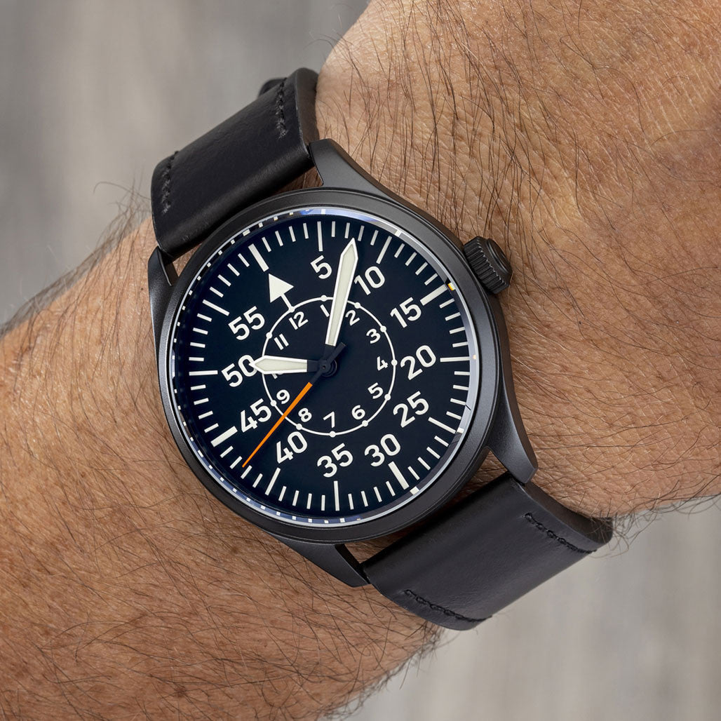 Islander Black DLC Aviator Automatic Watch with Leather Strap and an Anti-Reflective Sapphire Crystal