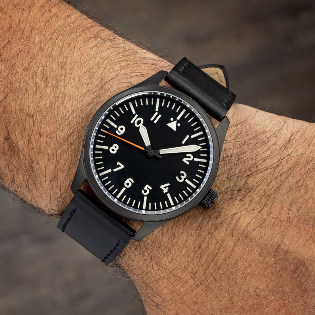 Islander Black DLC Aviator Automatic Watch with Leather Strap and an Anti-Reflective Sapphire Crystal