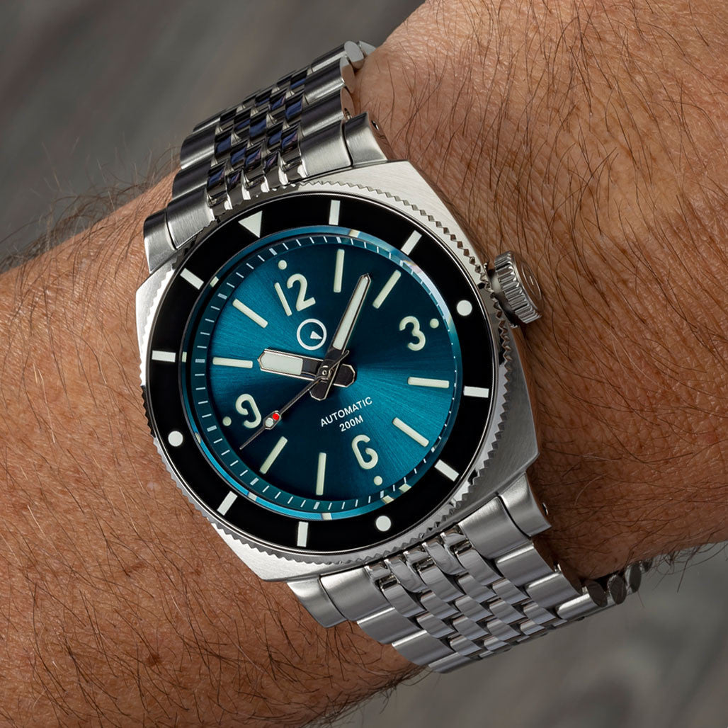 Islander Blue-Green Sandwich Dial Automatic Dive Watch with AR Sapphire Crystal, and Luminous Ceramic Bezel Insert