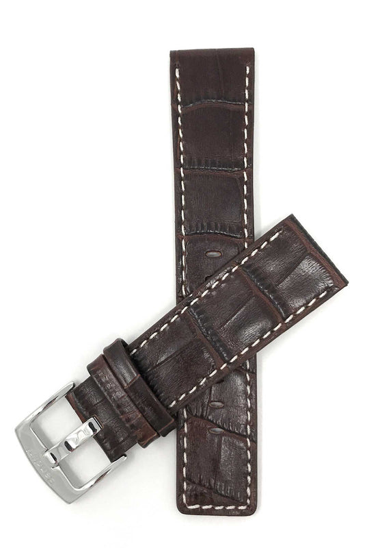Bandini 24mm Brown Italian Leather Watch Band - Alligator Pattern - White Stitch -  Semi Padded 24mm / Brown / Silver Buckle |  Dial