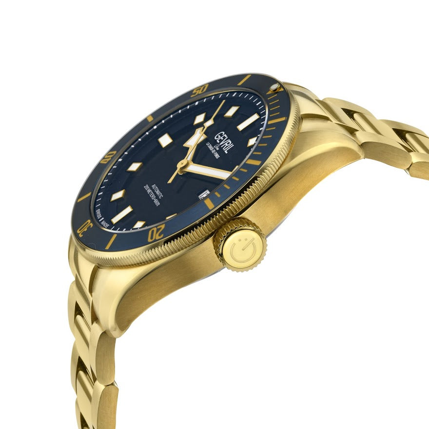 Yorkville Gevril Men's Yorkville Blue Dial Sellita SW200 Swiss Automatic Unidirectional Rotating Bezel Gold Tone Bracelet Date Luminous Watch | Blue Dial