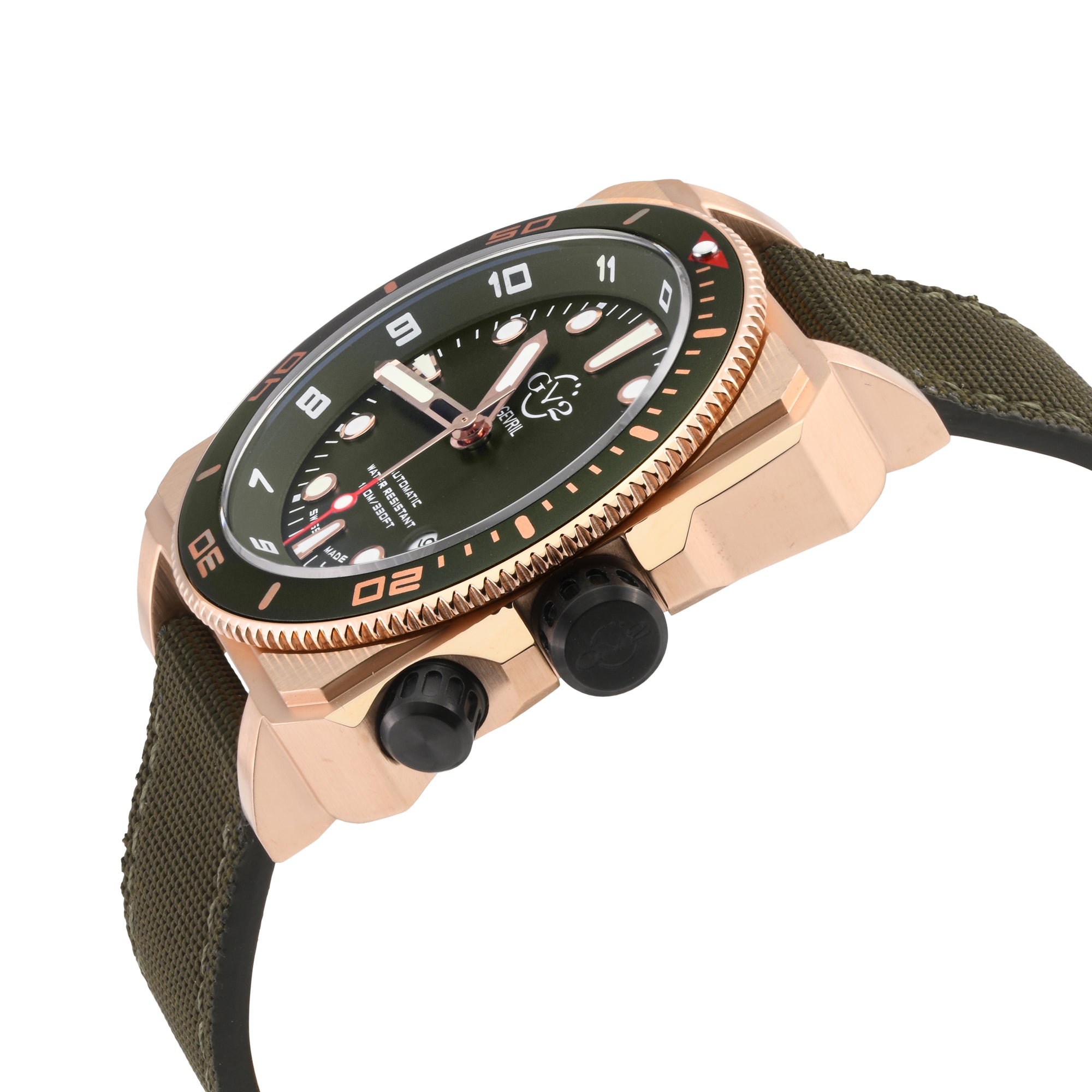 XO small Swiss Made SW200  inner and outer rotating bezel, metal band  olive  Black | Green Dial
