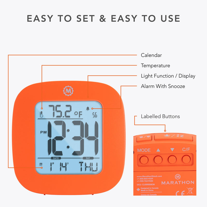Compact Alarm Clock with Temperature and Date Clock, LCD, Alarm, Mini, Orange (25/50)