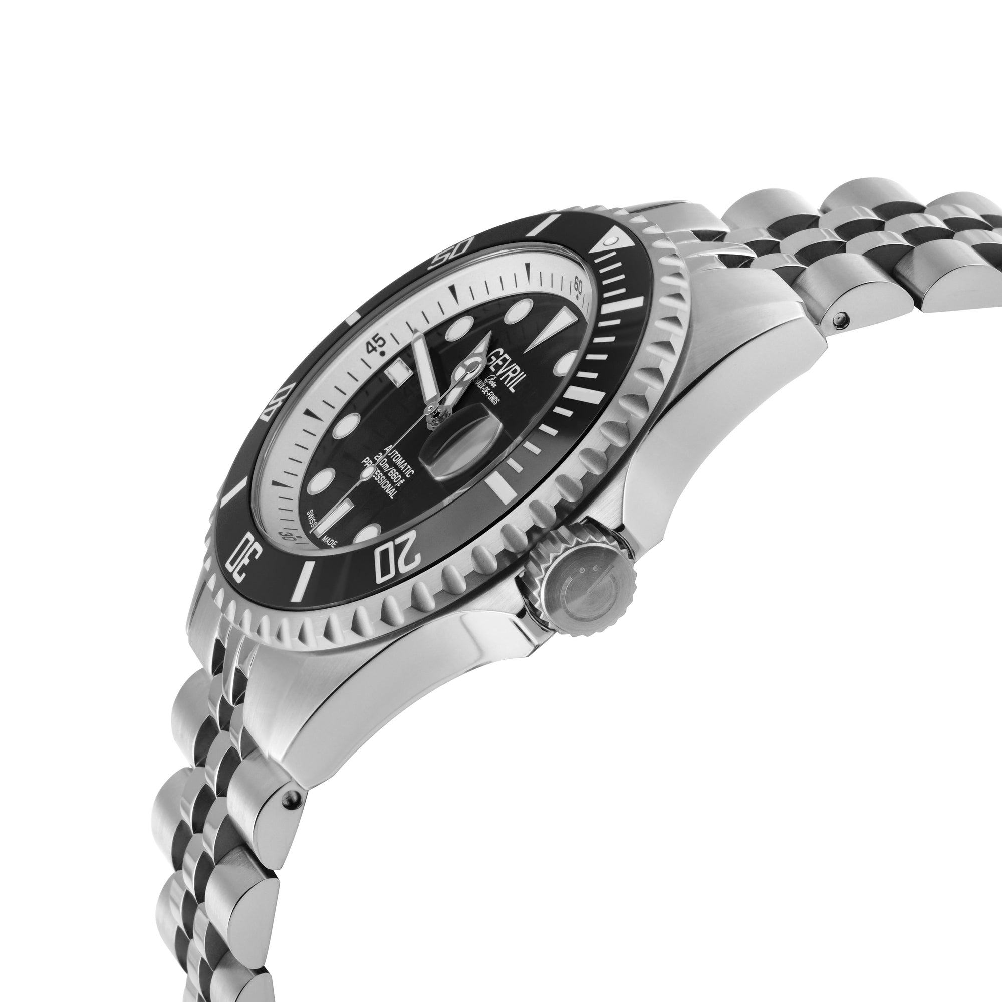 Wall Street Gevril Swiss Made SW200-1 Steel Rotating Black Ceramic Bezel , 316L case, Black Dial Black Dial
