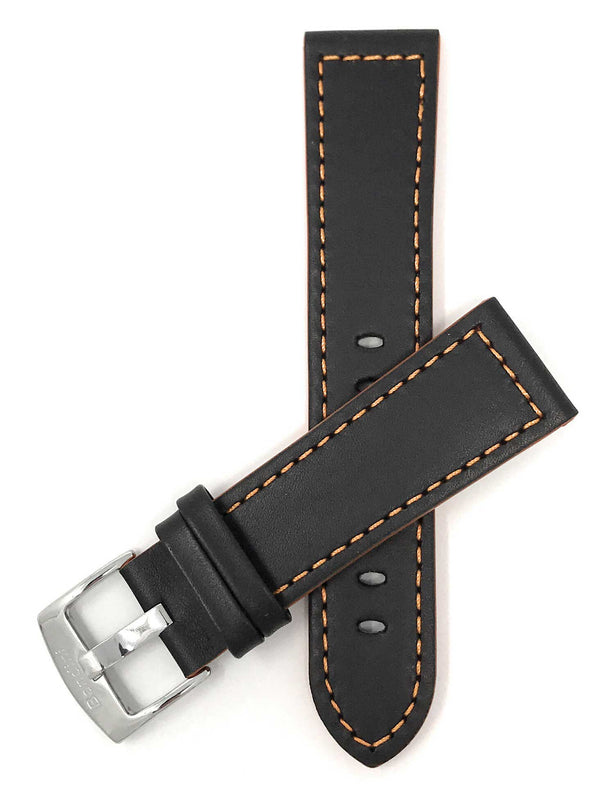 506 | 22mm Black / Orange Italian Leather Watch Band - Racer - Padded 22mm / Black / Orange / Silver Buckle |  Dial