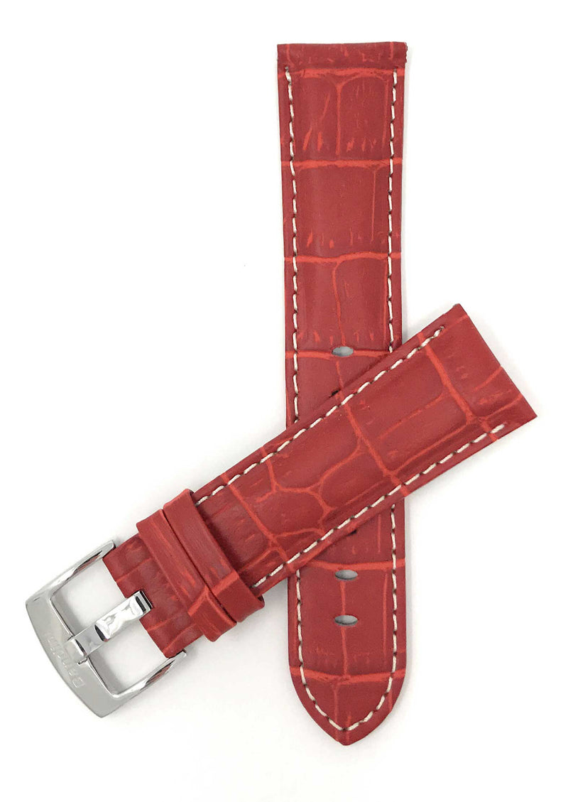 Bandini 22mm Red Italian Leather Watch Band - Alligator Pattern - White Stitch -  Semi-Padded 22mm / Red / Silver Buckle |  Dial