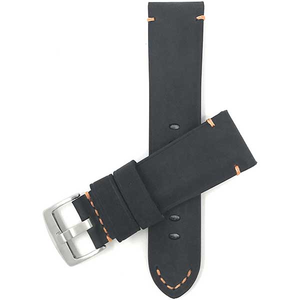 520 | 22mm Black and Orange Mens Distressed Leather Watch Strap, Stitch 22mm / Black and Orange / Silver Buckle |  Dial