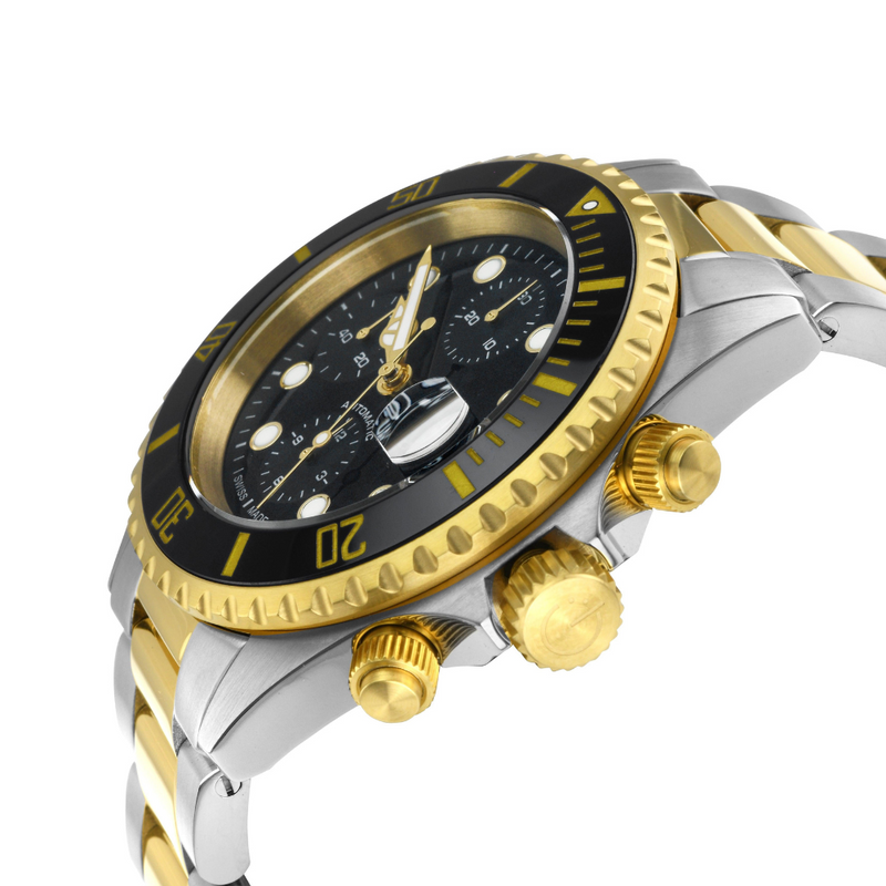 Wall Street Swiss Automatic Chronograph SW500 Black Ceramic Bezel Divers Watch two tone | Black Dial