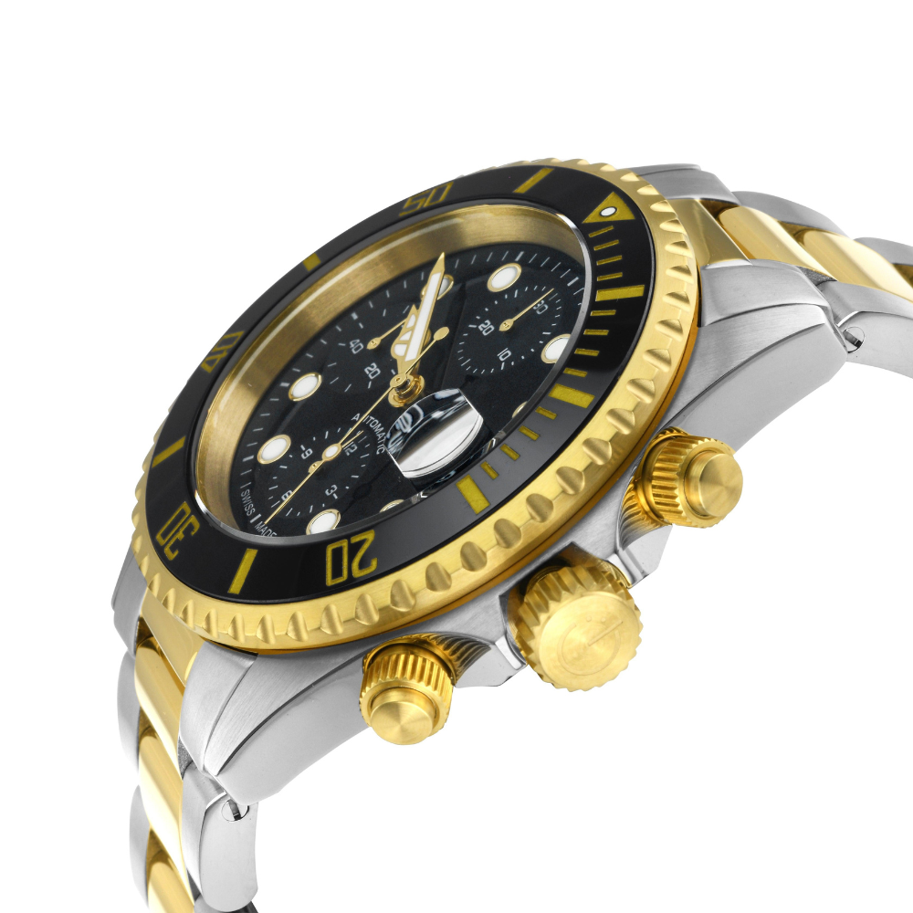 Wall Street Swiss Automatic Chronograph SW500 Black Ceramic Bezel Divers Watch two tone | Black Dial