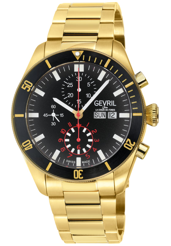 Yorkville - Chronograph Gevril Yorkville Swiss Automatic Chronograph  Watch, IPYG Case, Black/Gold bezel, Gray Dial, SS/IPYG Bracelet. | Gray Dial