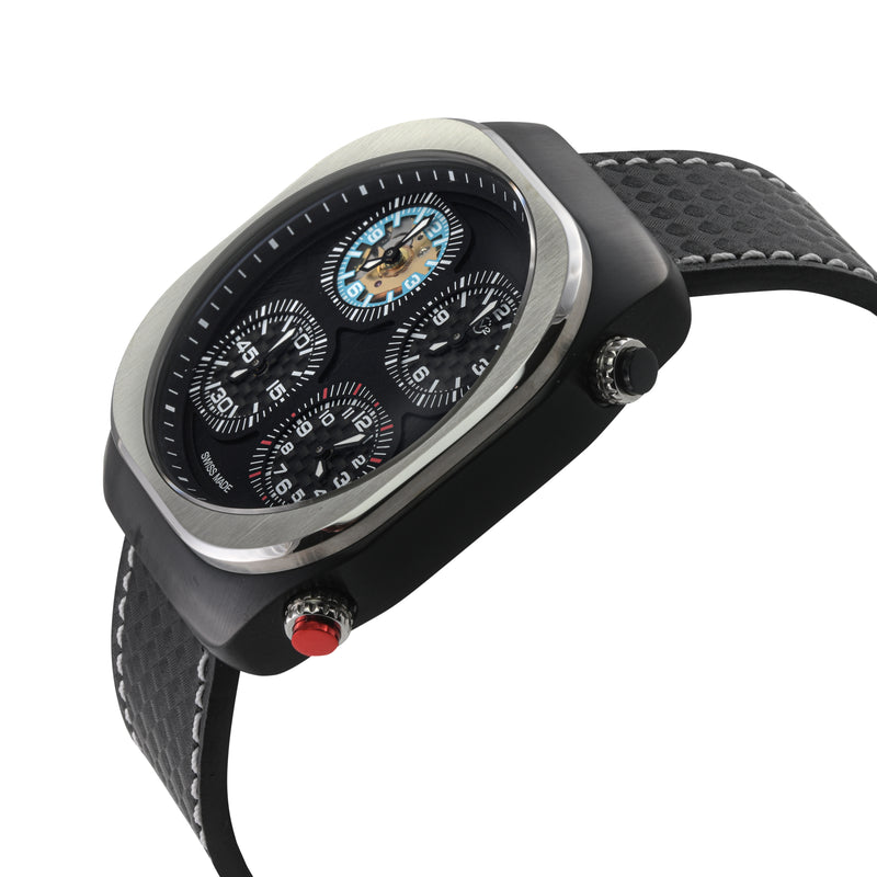 Quattro Zone GV2 Swiss Quartz, 316L Black Case, Silver Bezel, Black dial, Sub Dials, Black Italian Leather Strap | Black Dial