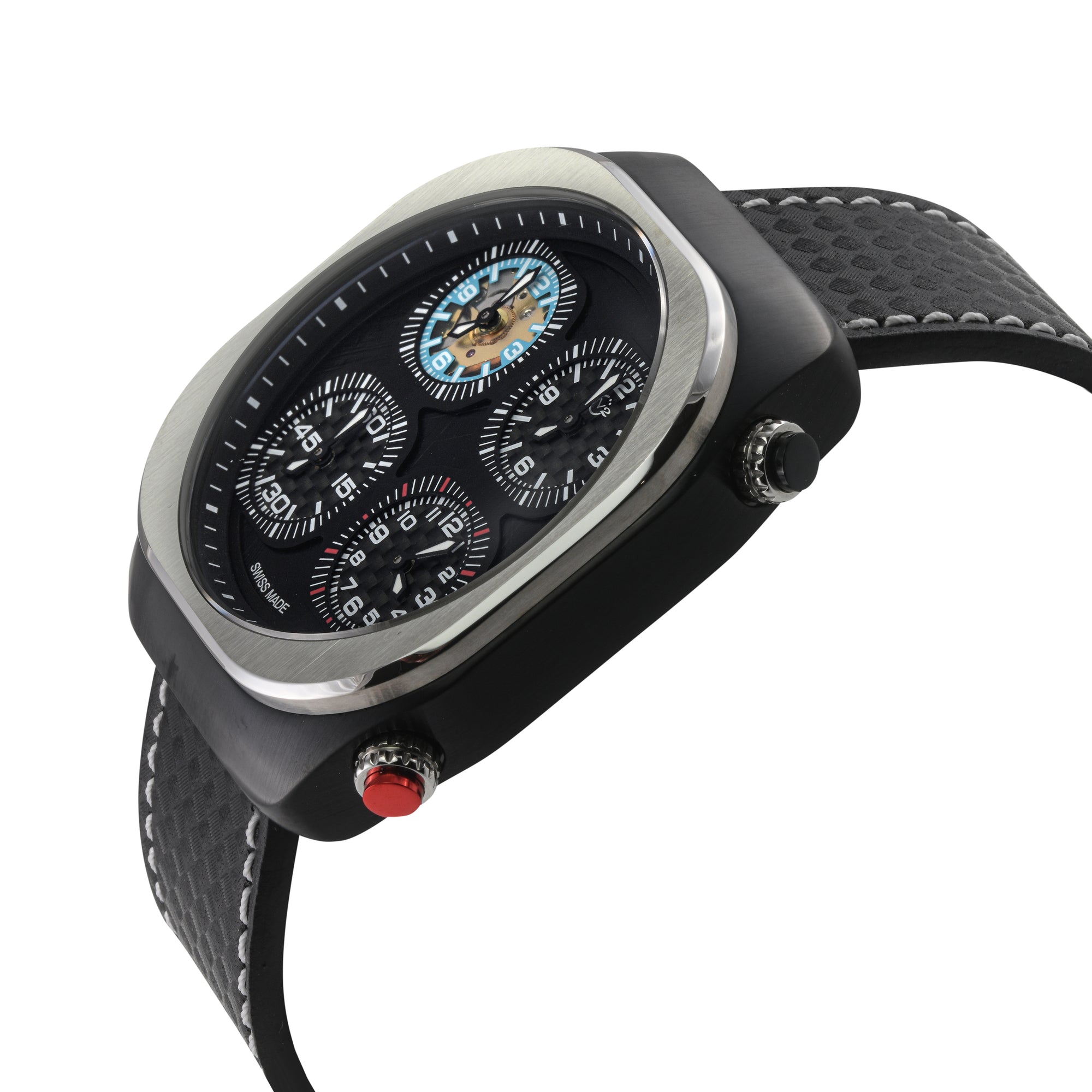 Quattro Zone GV2 Swiss Quartz, 316L Black Case, Silver Bezel, Black dial, Sub Dials, Black Italian Leather Strap | Black Dial