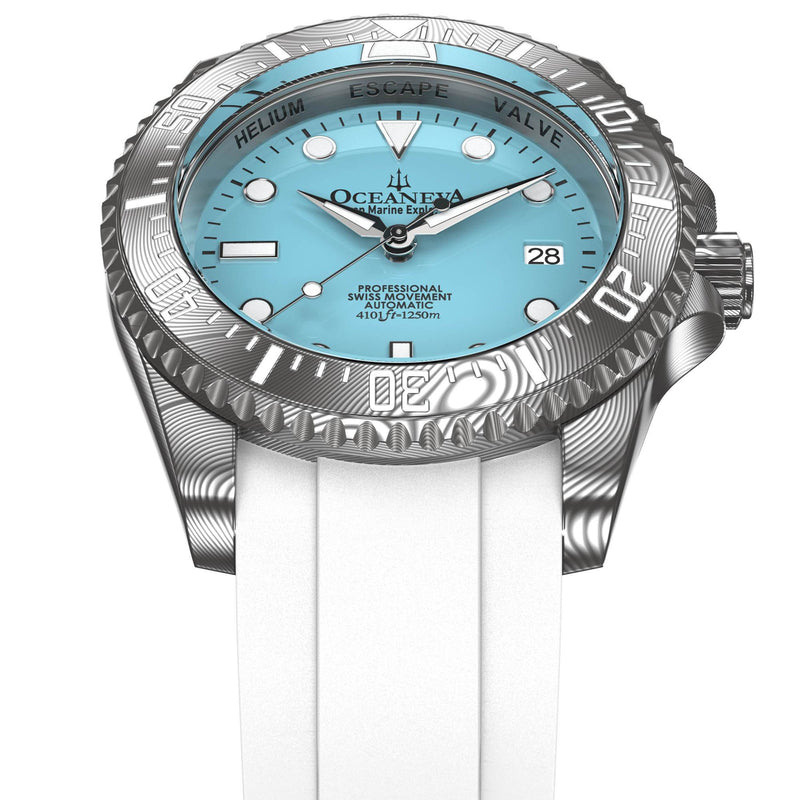 Damascus Swiss Automatic SW200 Deep Marine Explorer II Damascus/Light Blue Dial/White Strap | Light-blue Dial