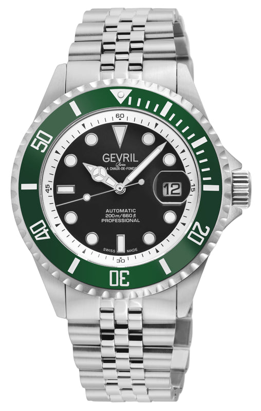 Wall Street Gevril Swiss Made SW200-1 Steel Rotating Green Ceramic Bezel , 316L case, Black Dial | Black Dial