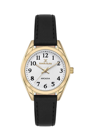 Easy Read Womens Watch, Leather Band - DK13690 Gold / Black White Dial