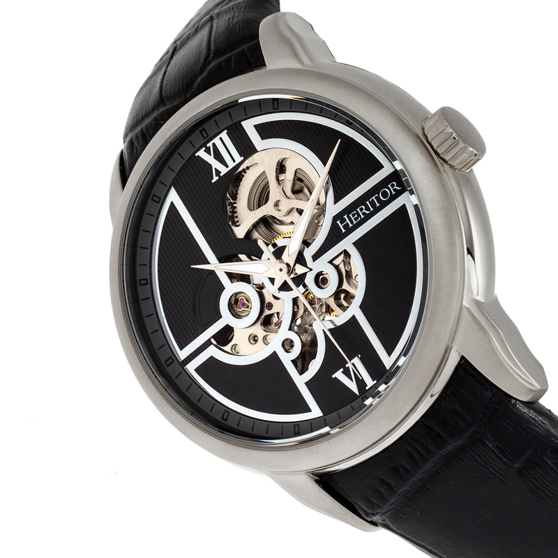 Automatic Sanford Semi-Skeleton Leather-Band Watch Silver/Black | Black Dial