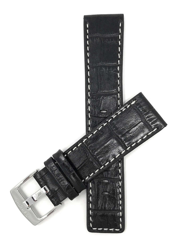 Bandini 28mm Black Italian Leather Watch Band - Alligator Pattern - White Stitch -  Semi-Padded 28mm / Black / Silver Buckle |  Dial
