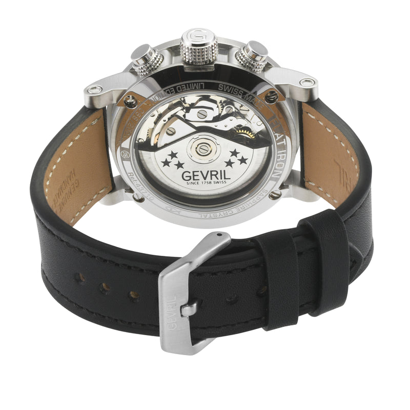 Flat Iron - Chronograph Swiss Made Automatic Chronograph, 42mm Stainless Steel, Black Dial, Black Italian Leather Strap | Black/Red Dial