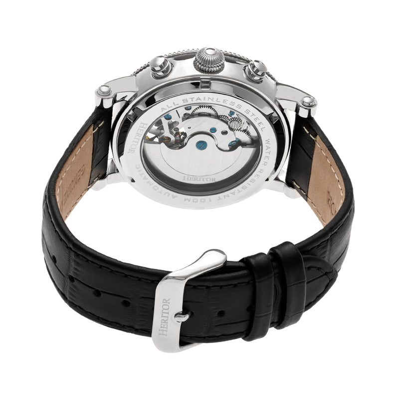 Winston Semi-Skeleton Leather-Band Watch Silver/Black | Black Dial