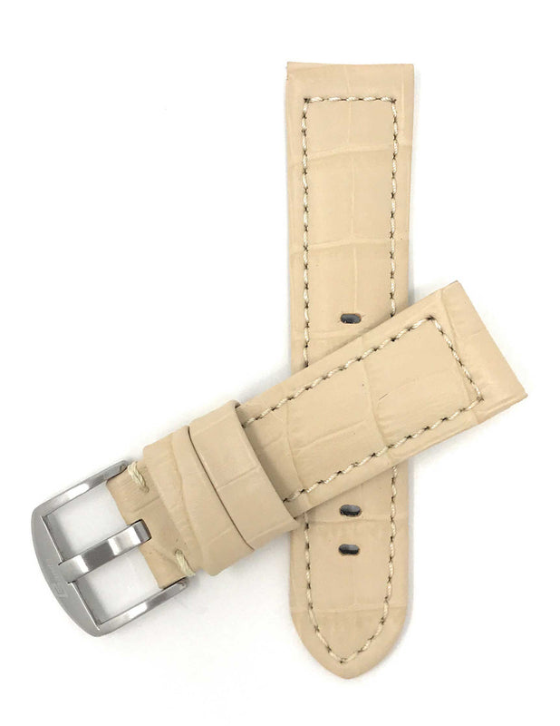 Bandini 24mm Beige Italian Leather Watch Band - Alligator Pattern - Padded 24mm / Beige / Silver Buckle |  Dial