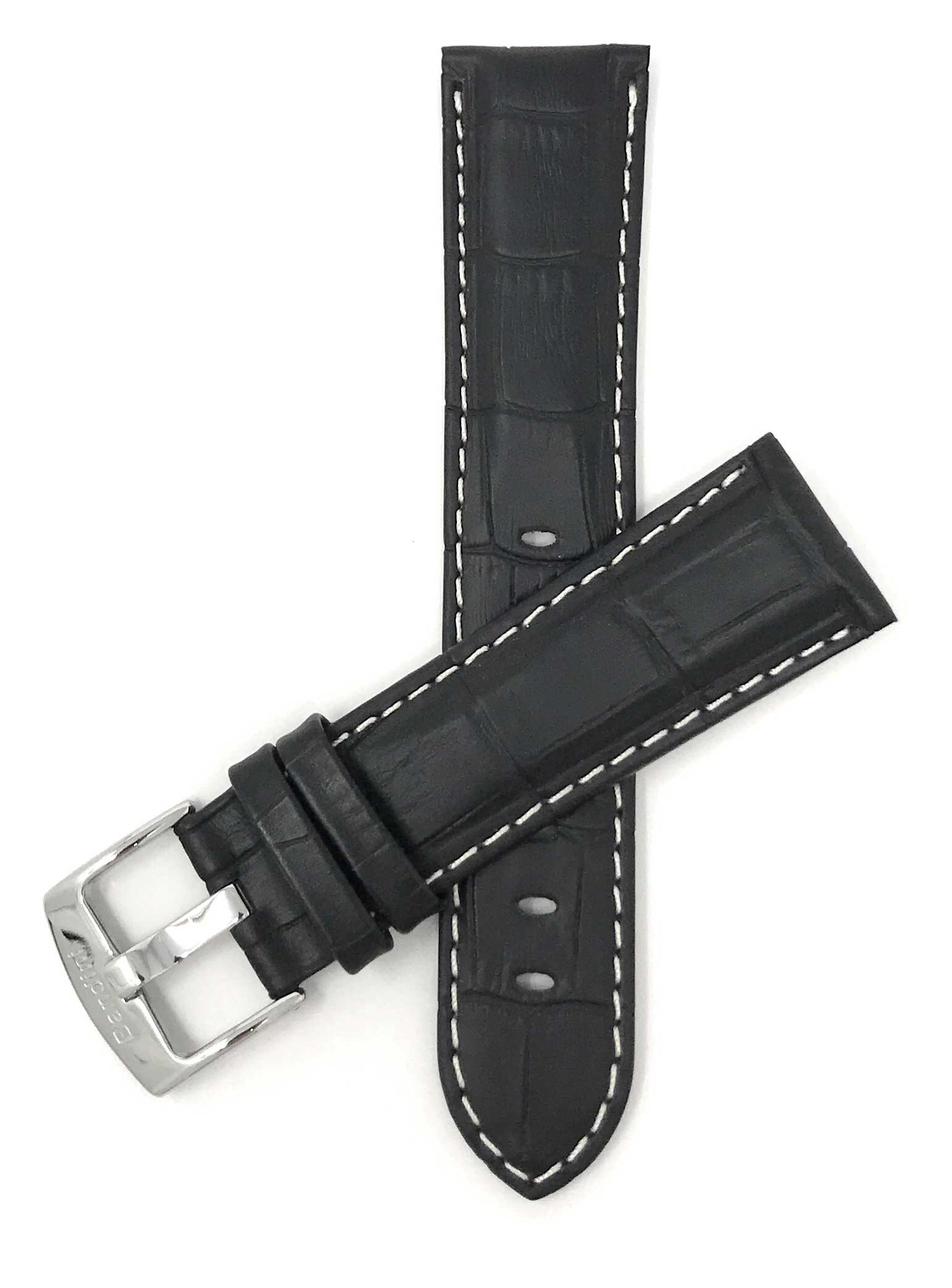 Bandini 20mm Black Italian Leather Watch Band - Alligator Pattern - White Stitch -  Semi-Padded 20mm / Black / Silver Buckle |  Dial
