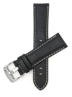 Bandini 20mm Black Italian Leather Watch Band - Alligator Pattern - White Stitch -  Semi-Padded 20mm / Black / Silver Buckle |  Dial