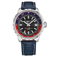 Global Voyager GMT 42mm World Timer Watch Blue/Leather | Black Dial