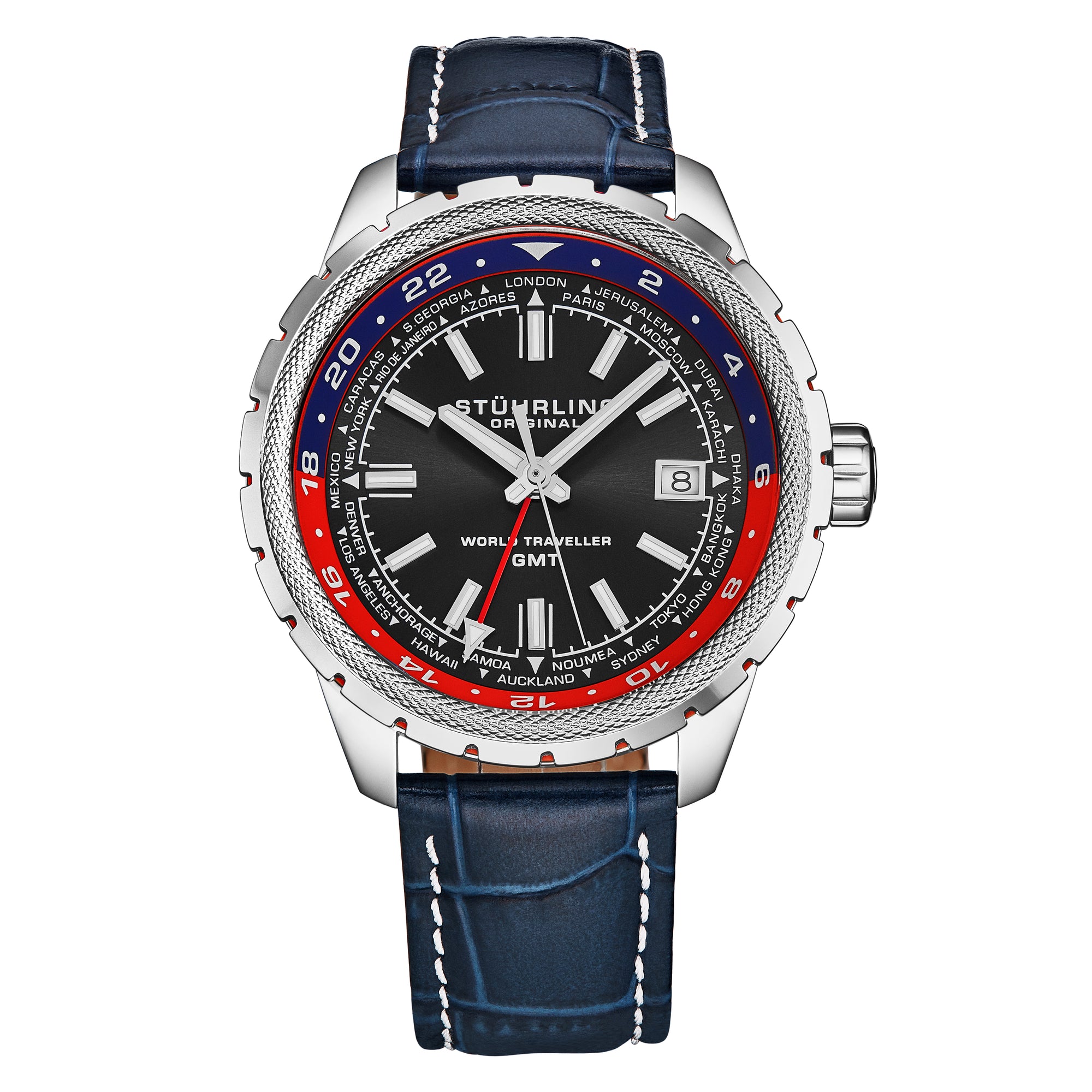 Global Voyager GMT 42mm World Timer Watch Blue/Leather | Black Dial