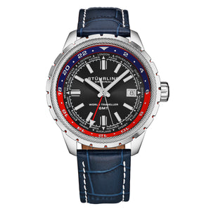 Global Voyager GMT 42mm World Timer Watch Blue/Leather | Black Dial