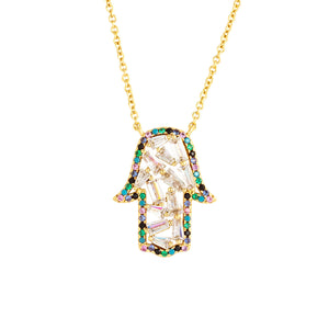 Elegant Confetti Women's 18K Yellow Gold Plated CZ Simulated Diamond Hamsa Charm Fashion Necklace 18k Yellow Gold
