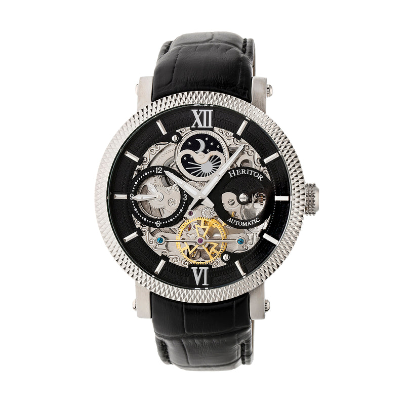 Automatic Aries Skeleton Leather Band Watch Black | Black Dial