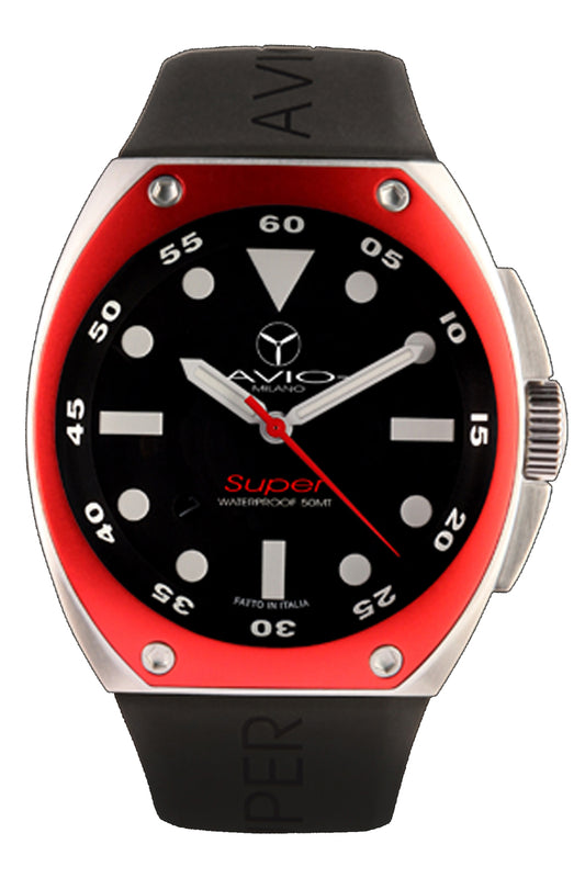 Avio Black, Black Rubber Red bezel | Black Dial