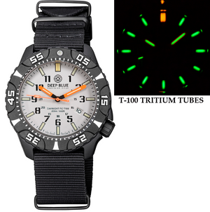 DAYNIGHT POLY CARBON CASE TRITIUM AUTOMATIC 44MM BLACK WHITE BEZEL - WHITE GREY DIAL ORANGE HANDS GREEN/ORANGE TUBES 1 PC NATO  STRAP White Dial
