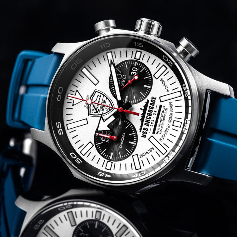 VOSTOK-EUROPE ANCHORAGE SPECIAL EDITION QUARTZ CHRONOGRAPH 6S21/595A443-D White / Blue Rubber | White Dial