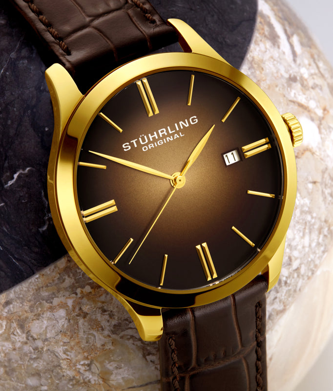 Mens Quartz Watch Black Dial, Silver Case, Black Leather Strap Tang Buckle Brown/Leather | Brown Dial