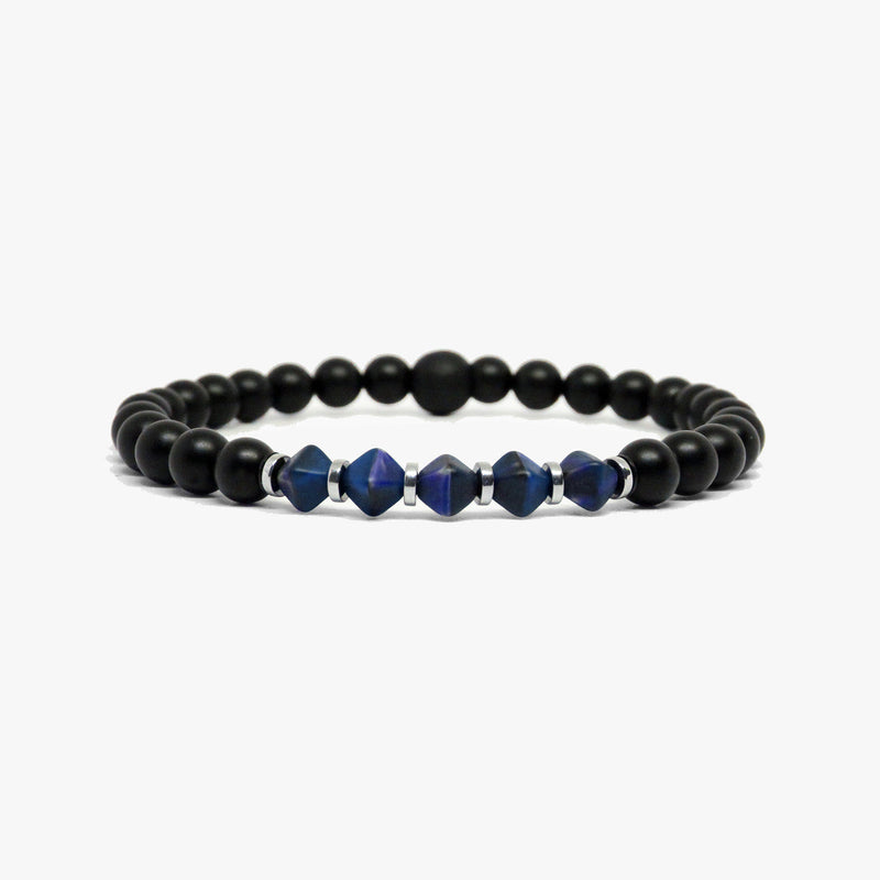 Blue Bicone Czech Glass,  Black Onyx Bracelet M (7.25" Wrist) |  Dial